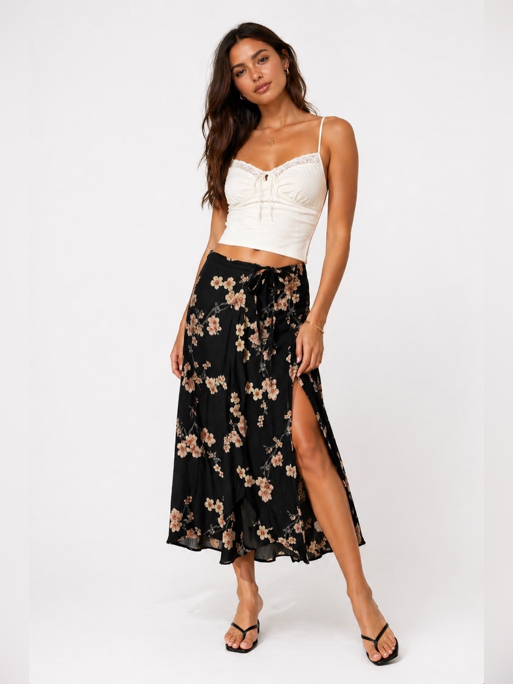 Boho Floral Wrap Skirt Black Pink Midi XS Flowing Lightweight Vacation Casual
